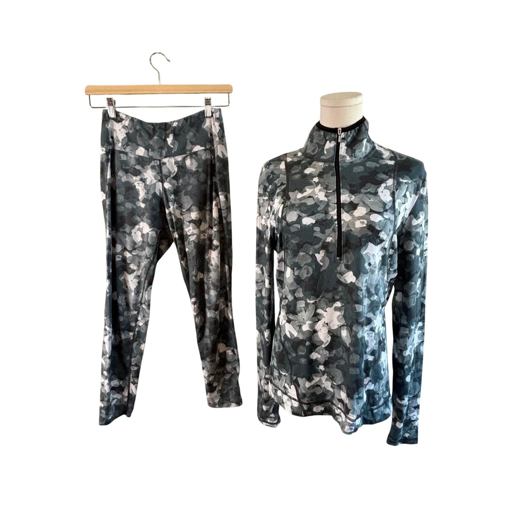 Nils Base Layer Set Grey White Floral Camo‎ Womens M Top S Bottom Quarter Zip